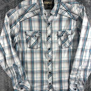 Surplus Plaid Western Shirt Mens XL Blue Black White Short Sleeve